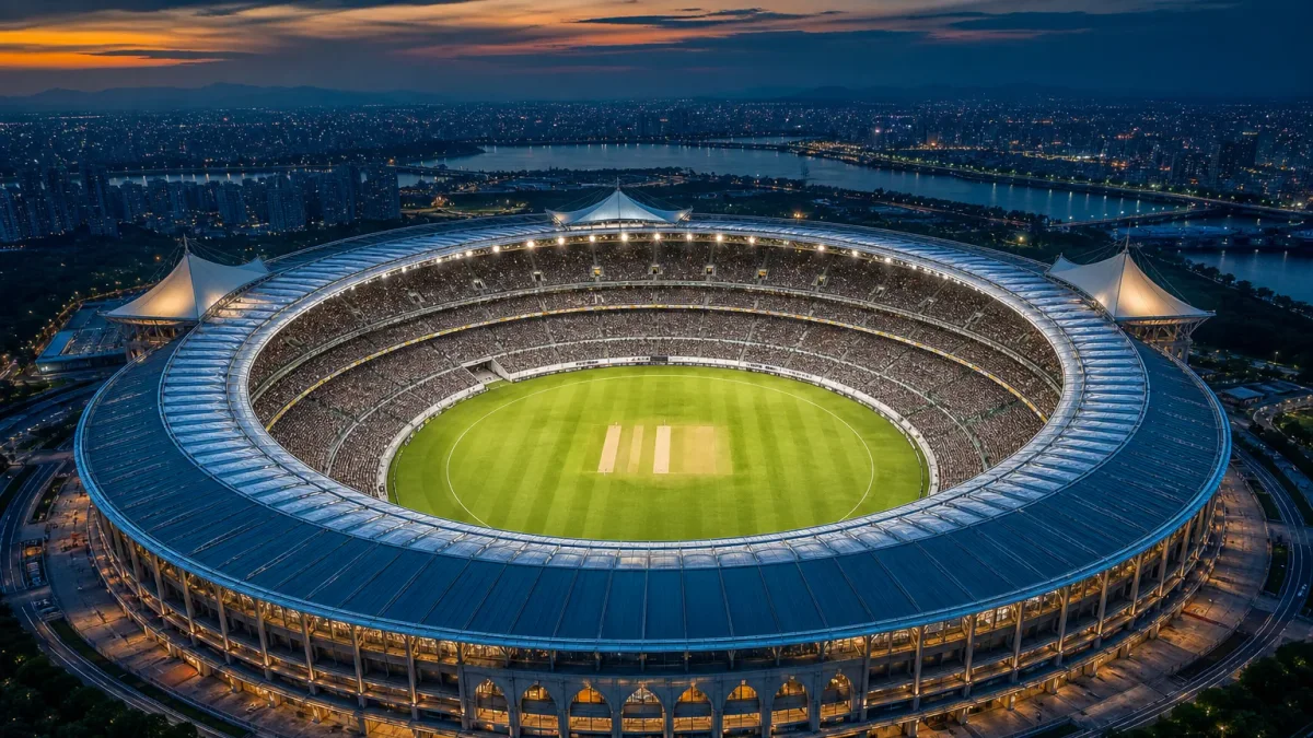 High aerial view of a vast multi-tier stadium at golden hour