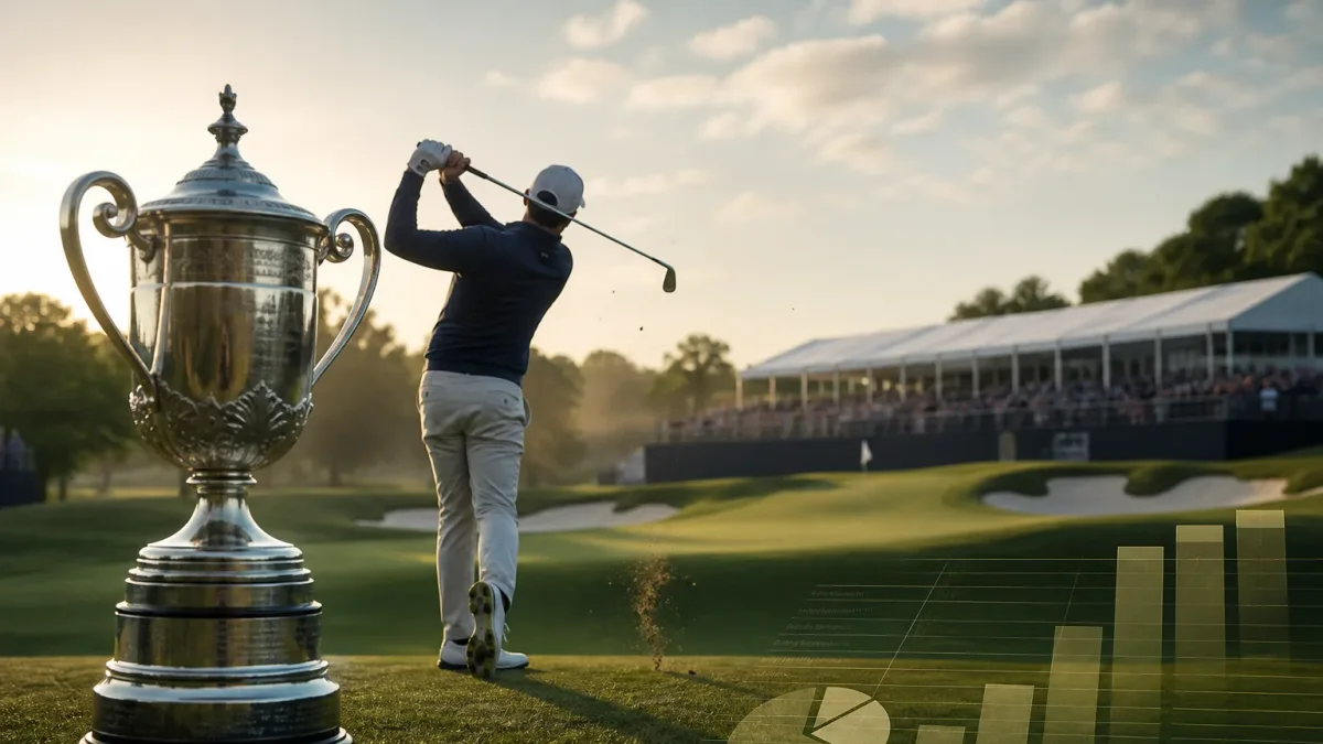 Silver golf trophy with a payout ledger overlooking a championship green
