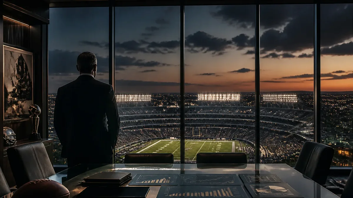 Anonymous sports executive studying valuation charts above a football stadium