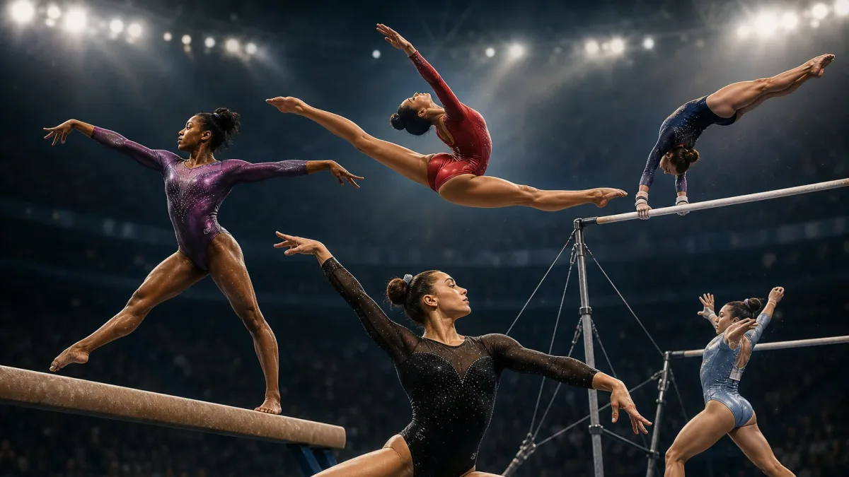 Anonymous women gymnasts performing on beam, bars and floor in a lit arena