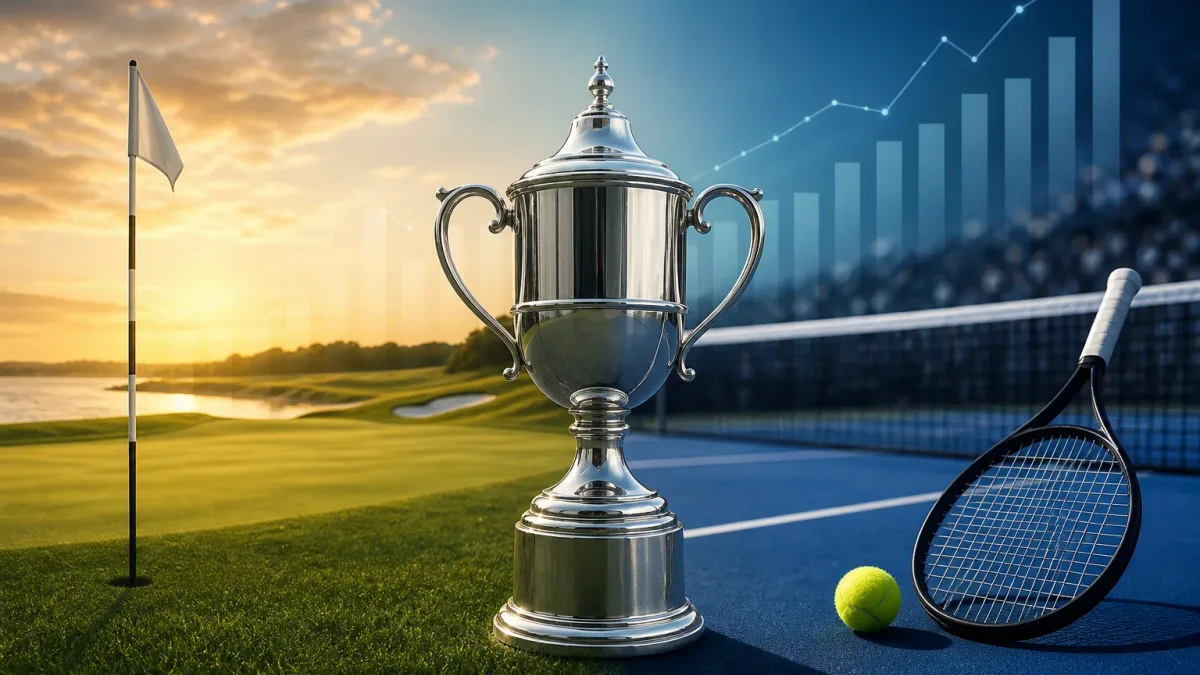 Championship trophy and prize ledger overlooking a tournament golf course