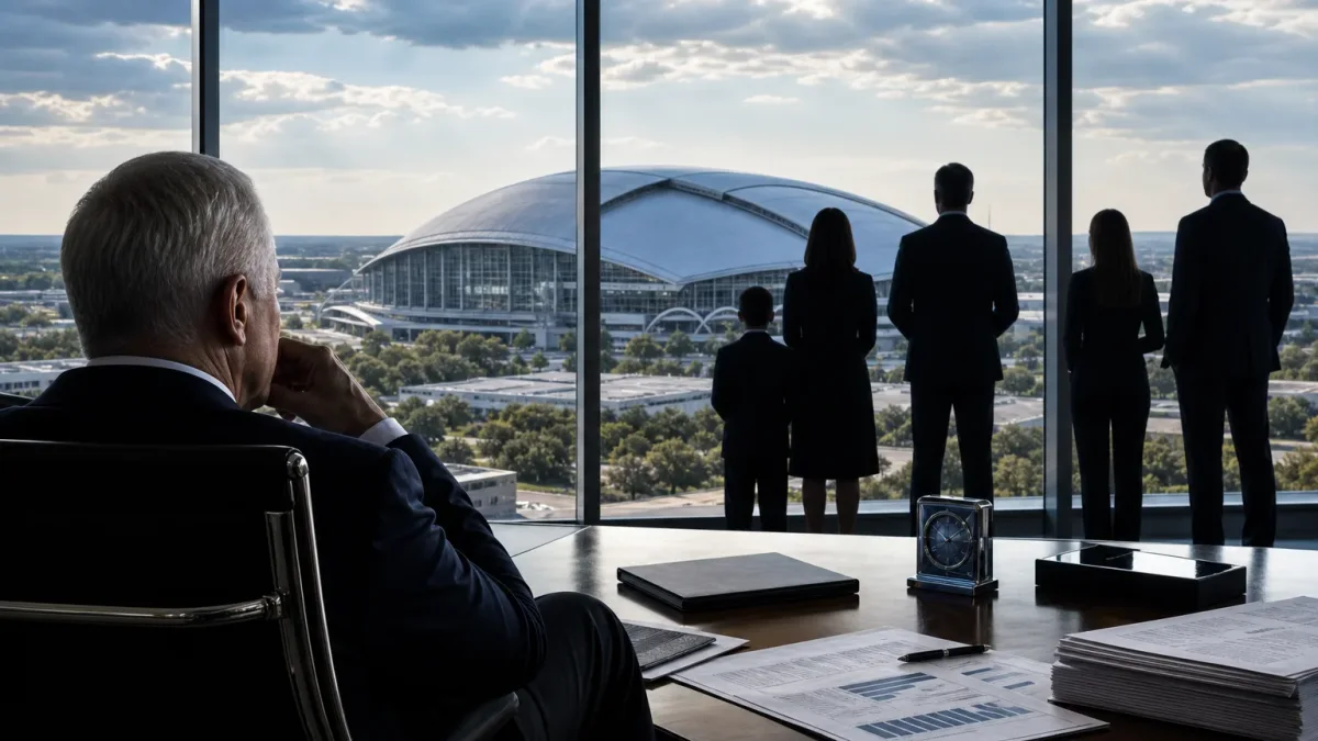 Anonymous football-club owner in a boardroom overlooking a stadium at dusk